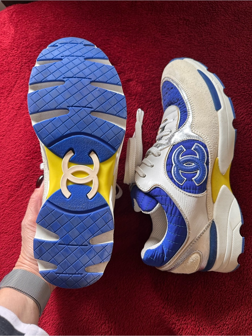 CHANEL Blue and White Quilted Logo Sneakers - Picture 2 of 7